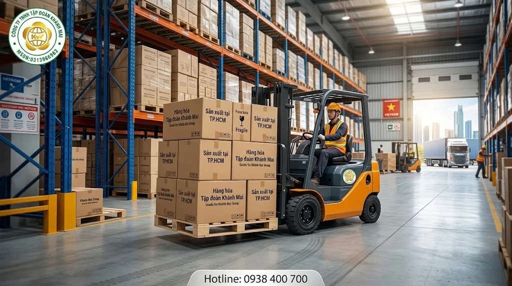 Xe nâng của Khánh Mai Group đang bốc xếp hàng hóa tại kho xưởng ở TP.HCM