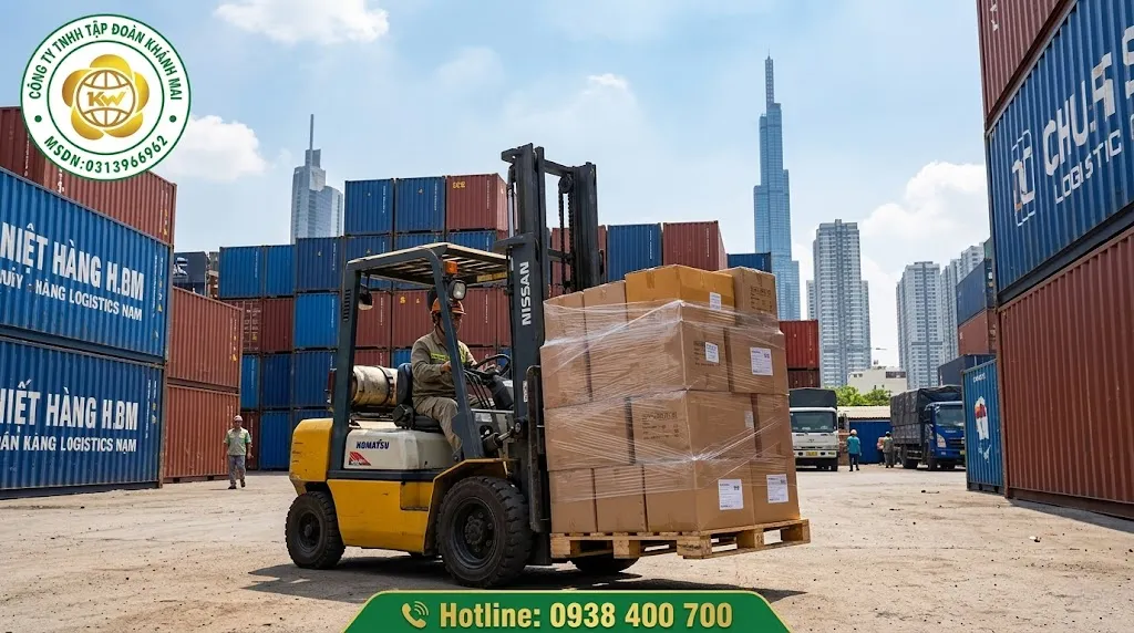 Xe nâng dầu nâng pallet hàng nặng tại bãi hàng ngoài trời ở TP.HCM
