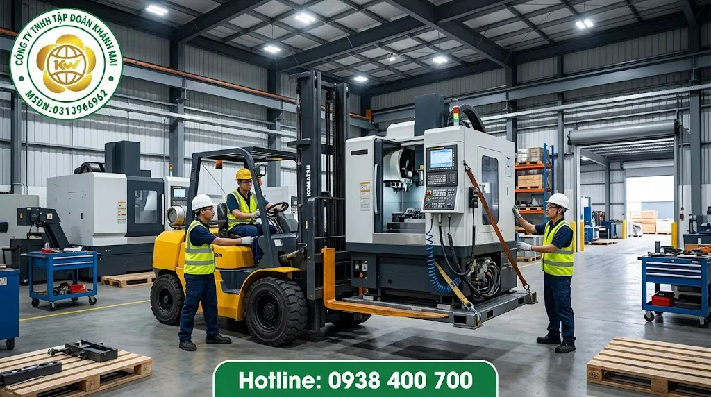 Xe nâng tham gia di dời máy móc công nghiệp trong nhà xưởng