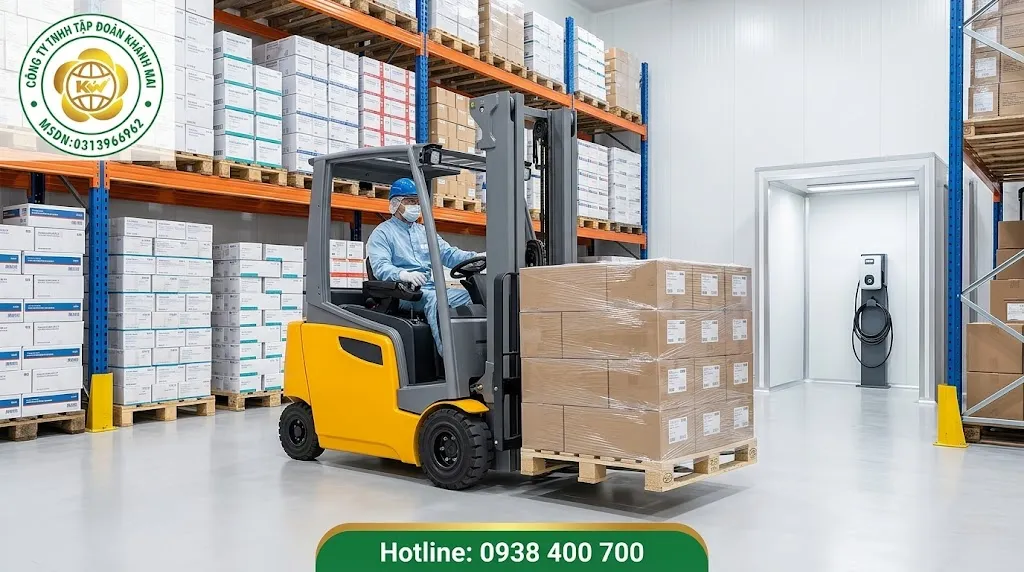 Xe nâng điện hoạt động trong kho kín, phù hợp môi trường sạch và ít tiếng ồn