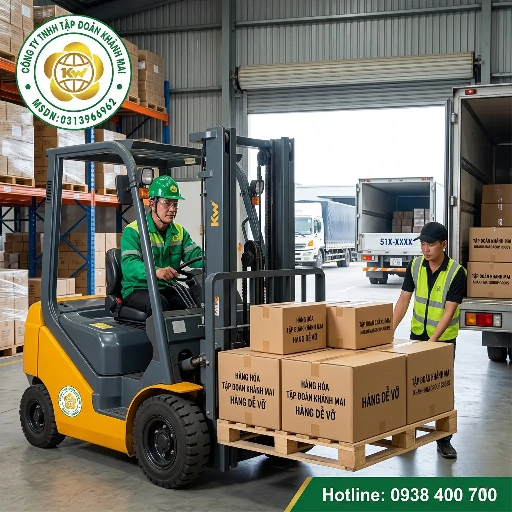 Tài xế vận hành xe nâng của Khánh Mai Group trong quá trình bốc xếp hàng hóa