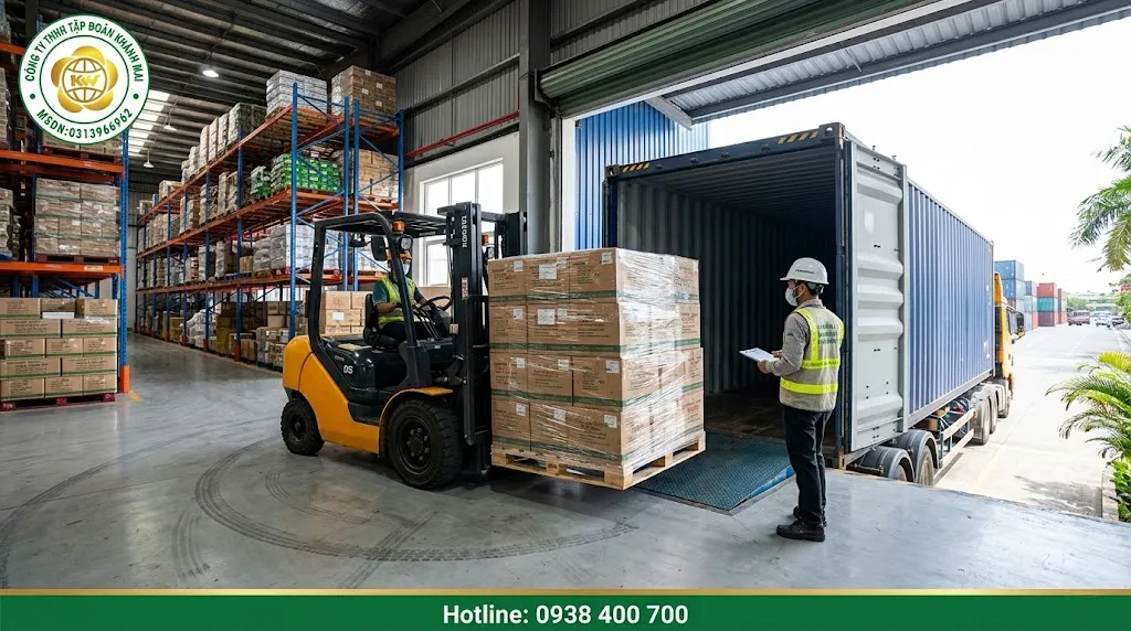 Xe nâng đang hỗ trợ rút hàng container tại kho logistics ở TP.HCM