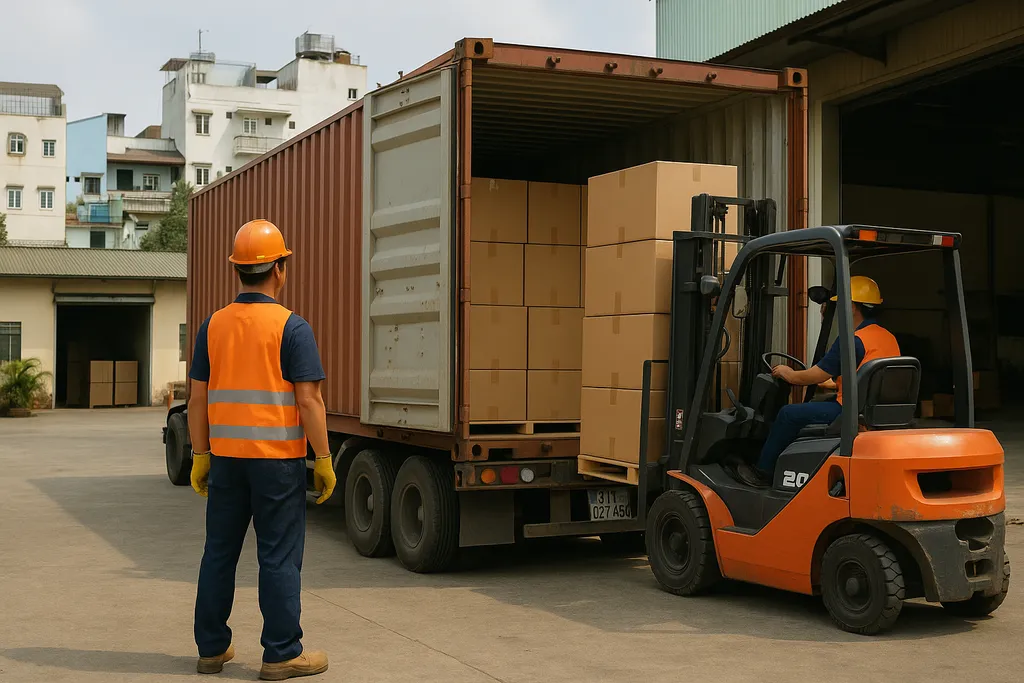 Bốc dỡ container tại nhà máy: Xe nâng đưa hàng đã pallet hóa vào container của xe tải tại khu vực nhà xưởng.