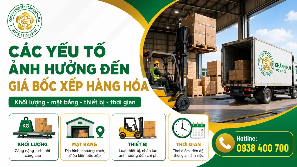 Các yếu tố ảnh hưởng đến giá bốc xếp hàng hóa như khối lượng, mặt bằng và thiết bị