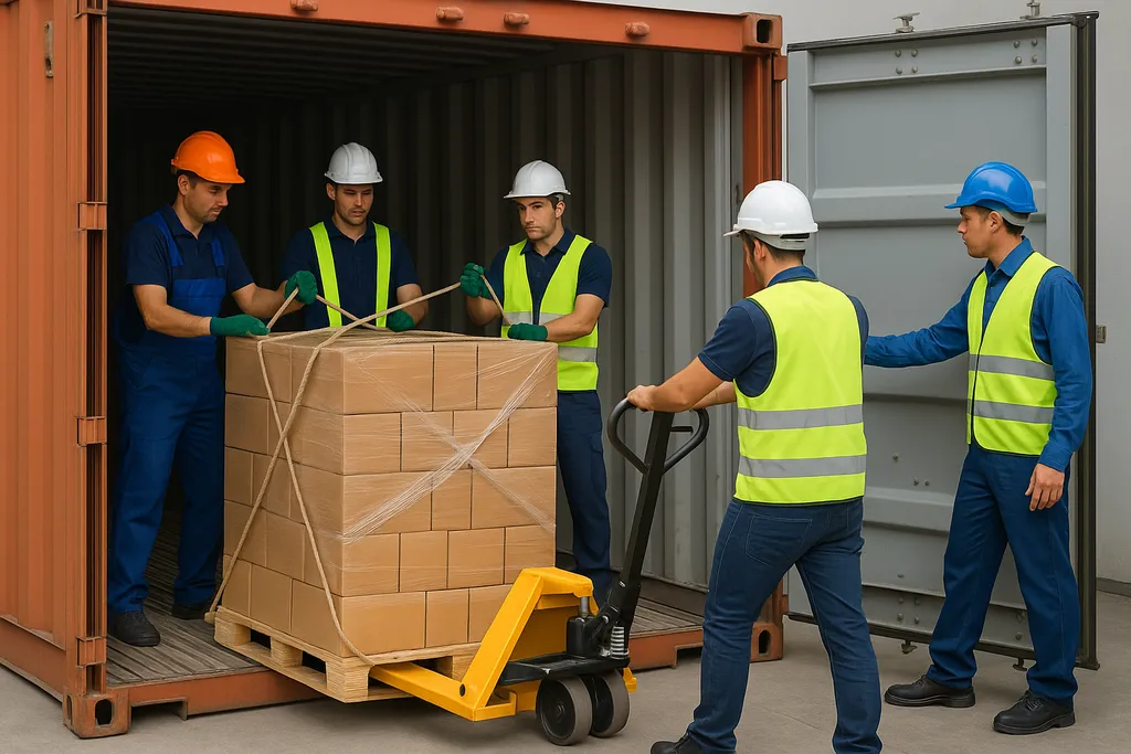 Kỹ thuật đóng rút hàng container: nhân viên sử dụng xe nâng tay di chuyển pallet hàng đã được đóng gói và chằng buộc cẩn thận vào container.