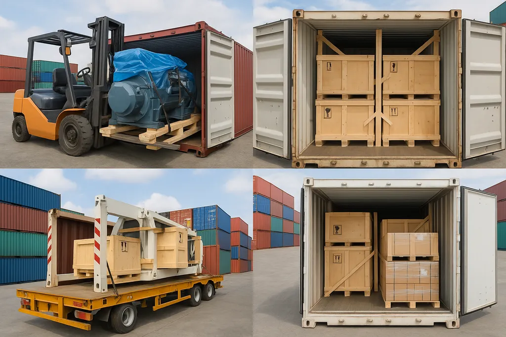 Kỹ thuật đóng hàng container theo loại: xếp máy móc lớn được chằng buộc và pallet gỗ bên trong container.