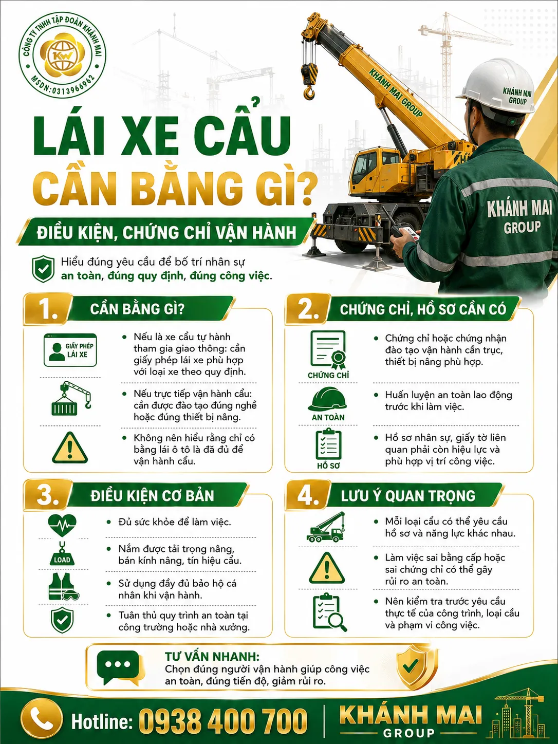 Lái xe cẩu cần bằng gì theo loại phương tiện và khối lượng thiết kế