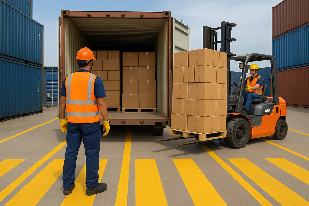 Nguyên tắc an toàn trong đóng rút hàng: Giám sát viên quan sát xe nâng đưa pallet hàng tiêu chuẩn vào container tại bãi.