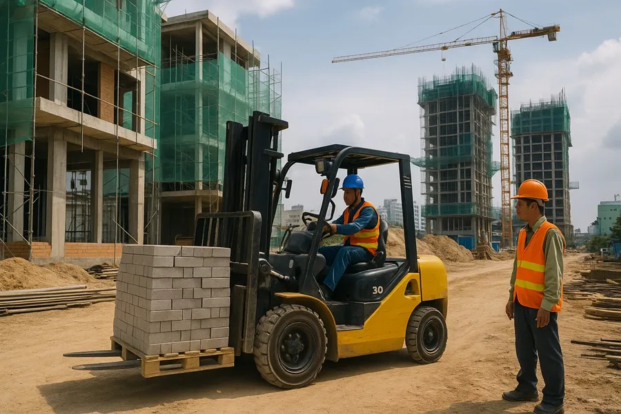 Sử dụng xe nâng tại công trình xây dựng Bình Tân, TPHCM