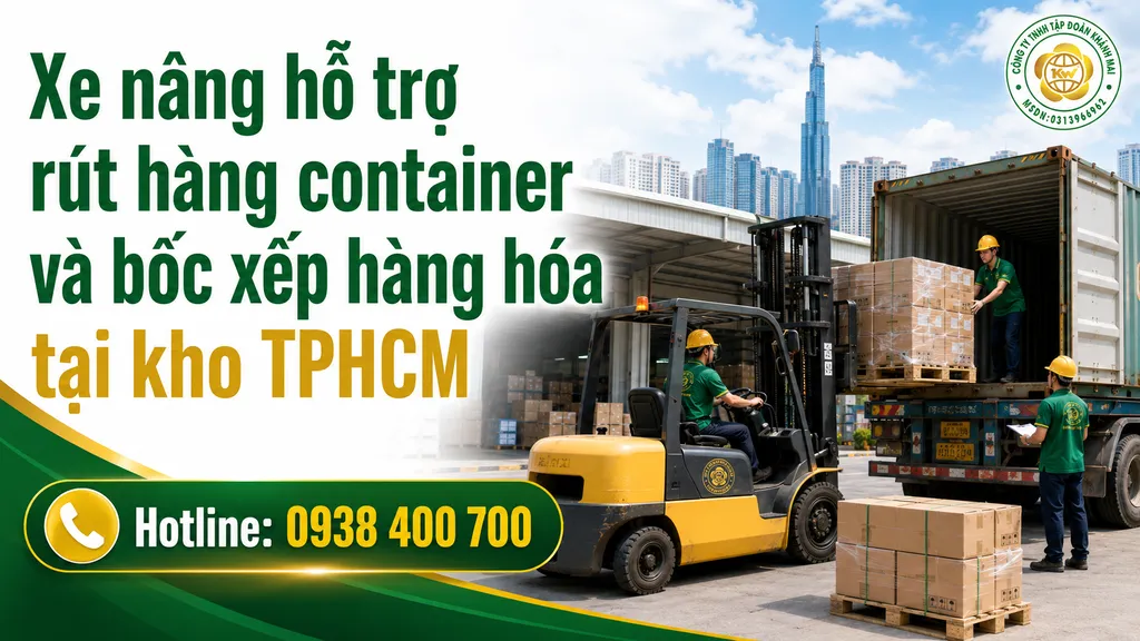 Xe nâng rút hàng container tại TPHCM trong ca đêm của Khánh Mai Group