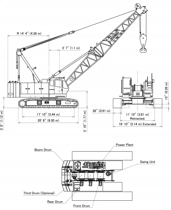 Sơ đồ kích thước tổng thể chi tiết (General Dimension) của cần cẩu bánh xích Kobelco, bao gồm chiều dài, chiều rộng, chiều cao và vị trí các tang cáp (drum) và động cơ.