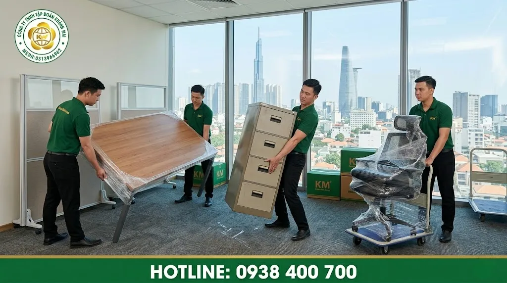 Nhân công bốc xếp bàn ghế và tủ hồ sơ trong ca chuyển văn phòng tại TPHCM