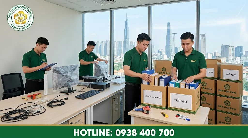 Đội ngũ đóng gói hồ sơ và thiết bị trong dịch vụ chuyển văn phòng trọn gói tại TPHCM