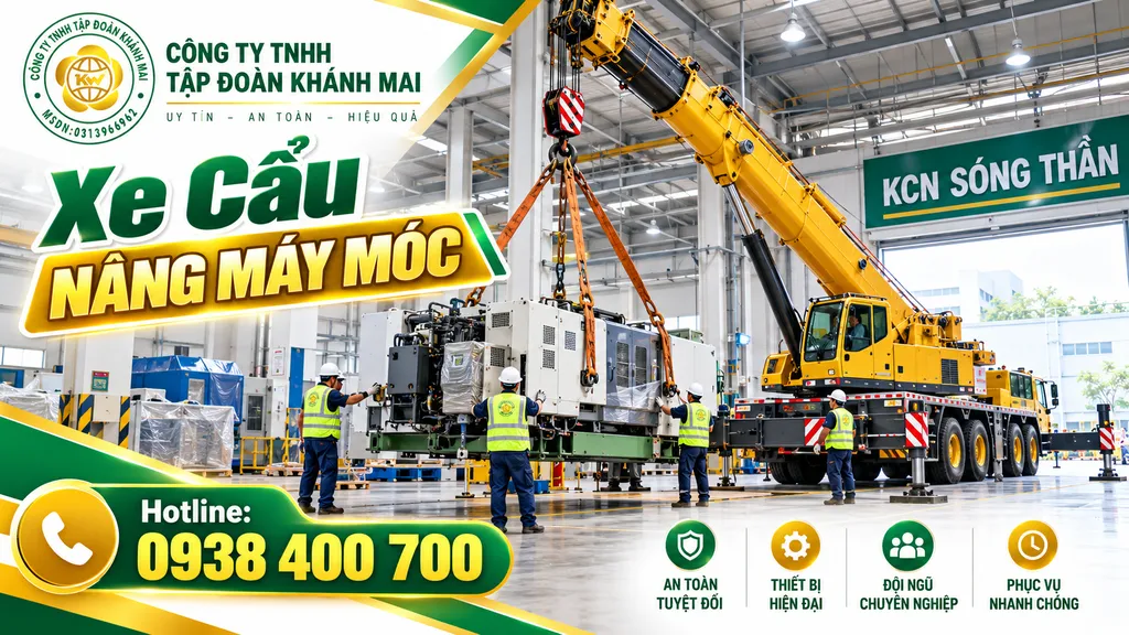 Xe cẩu nâng máy móc trong nhà xưởng KCN Sóng Thần