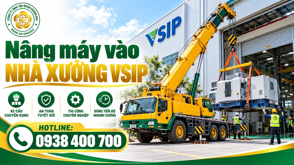 Xe cẩu nâng máy vào nhà xưởng tại KCN VSIP