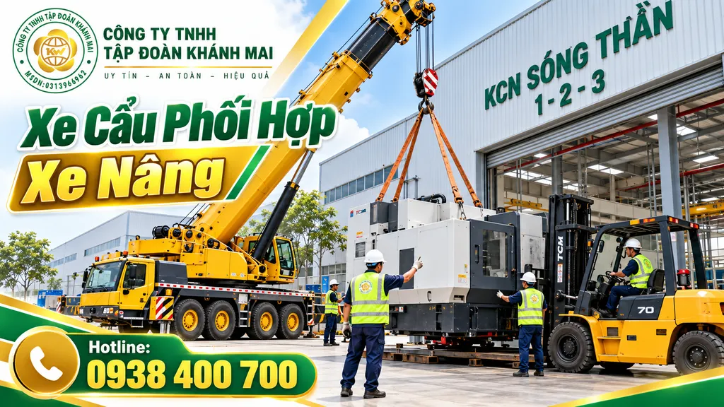 Xe cẩu và xe nâng phối hợp di dời máy tại KCN Sóng Thần