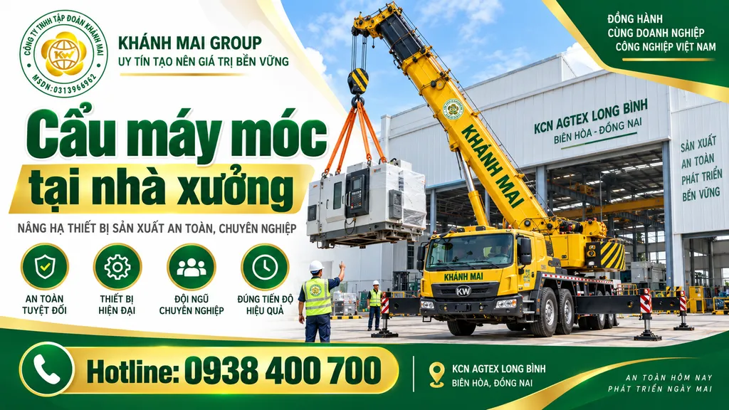 Xe cẩu nâng máy móc sản xuất tại nhà xưởng Long Bình