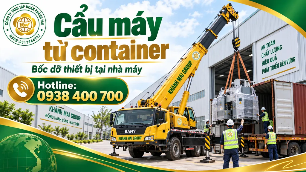 Xe cẩu bốc dỡ máy móc công nghiệp từ container tại nhà máy