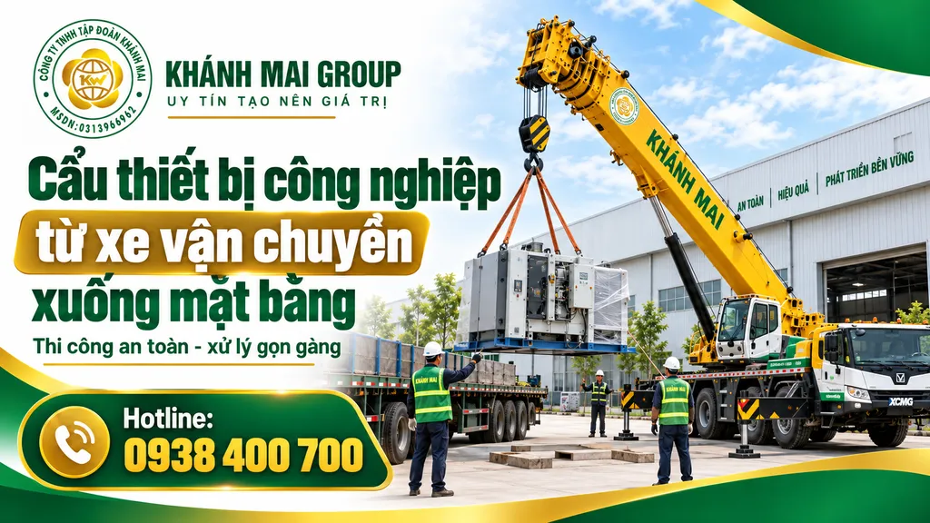 Cẩu thiết bị công nghiệp từ xe vận chuyển xuống mặt bằng