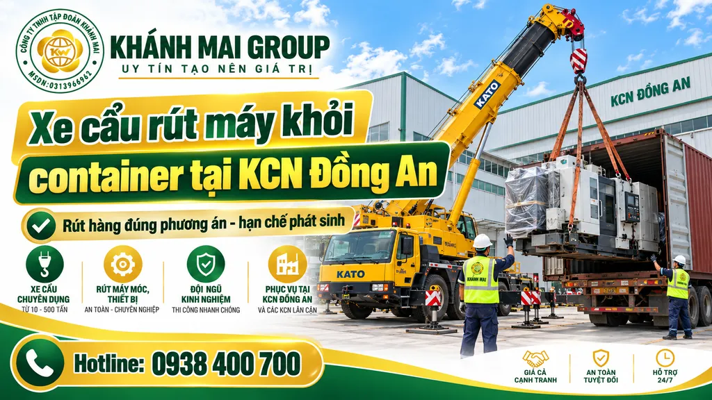 Xe cẩu rút máy khỏi container tại KCN Đồng An