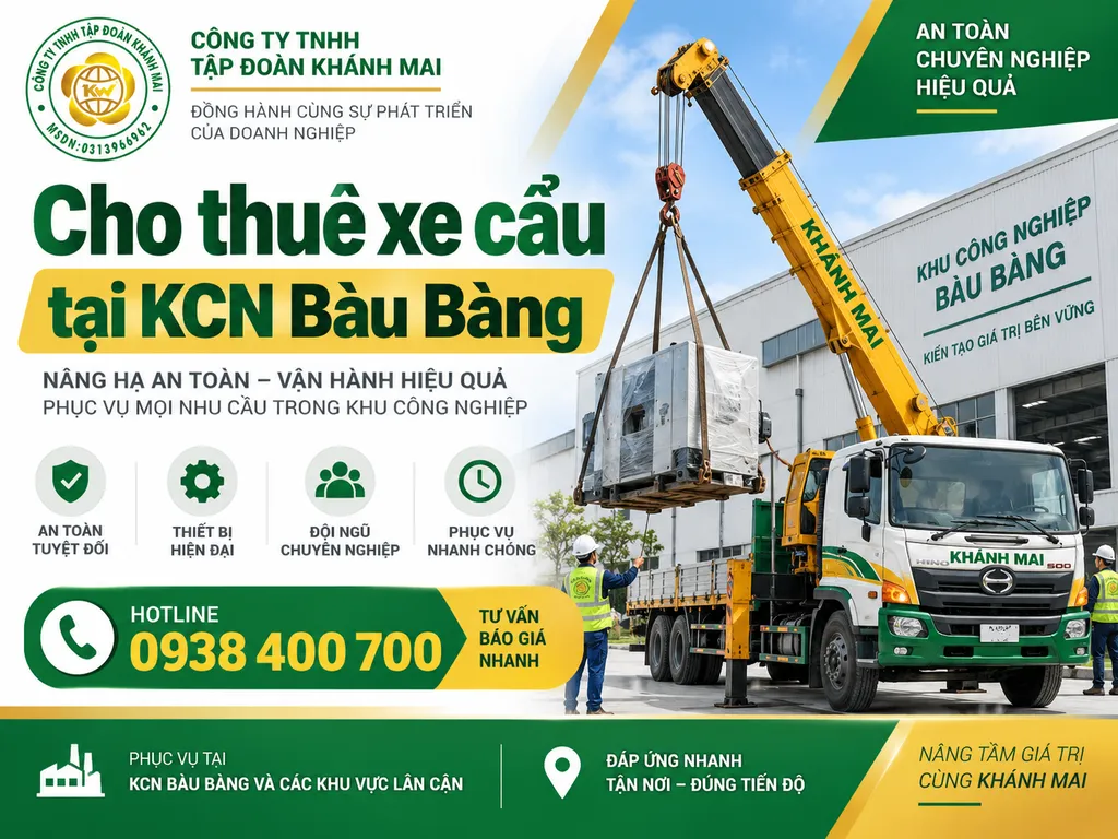 Cho thuê xe cẩu tại KCN Bàu Bàng cho nhà máy, kho xưởng