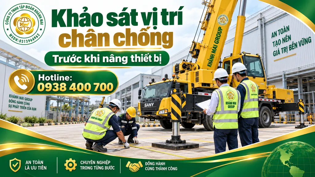 Khảo sát vị trí kê chân chống xe cẩu trước khi nâng thiết bị