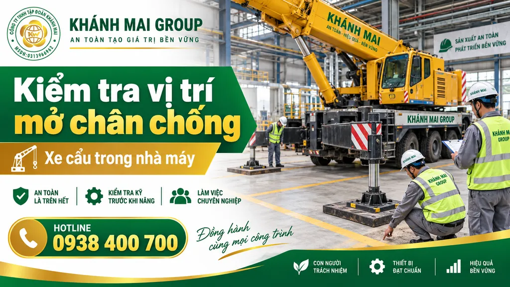 Kiểm tra vị trí mở chân chống xe cẩu trong nhà máy