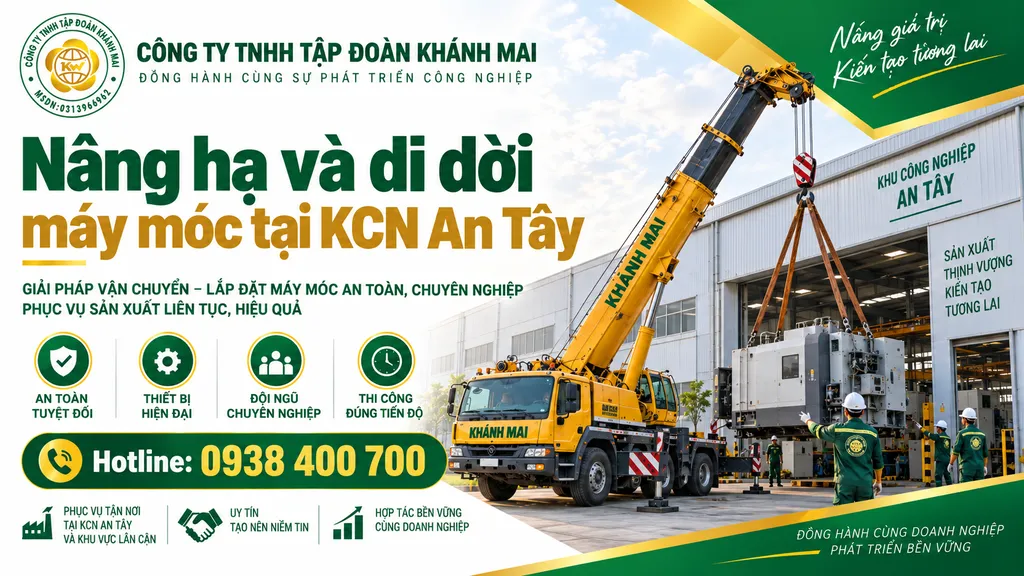 Nâng hạ và di dời máy móc bên trong nhà xưởng KCN An Tây