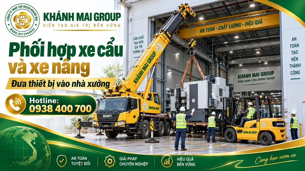 Phối hợp xe cẩu và xe nâng đưa thiết bị vào sâu trong nhà xưởng