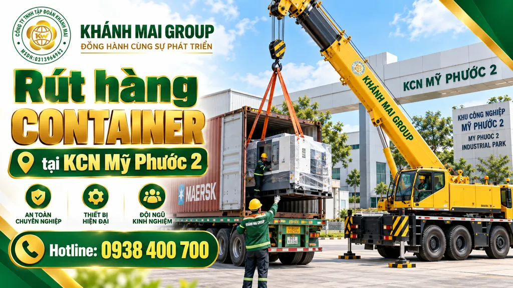 Xe cẩu rút máy móc từ container tại KCN Mỹ Phước 2