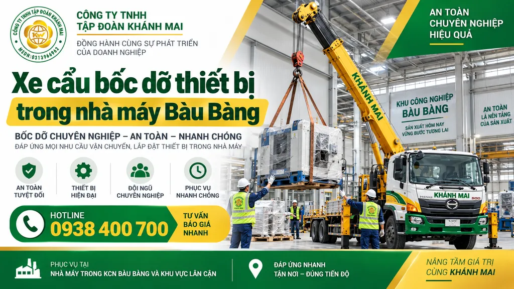 Xe cẩu bốc dỡ thiết bị trong nhà máy Bàu Bàng