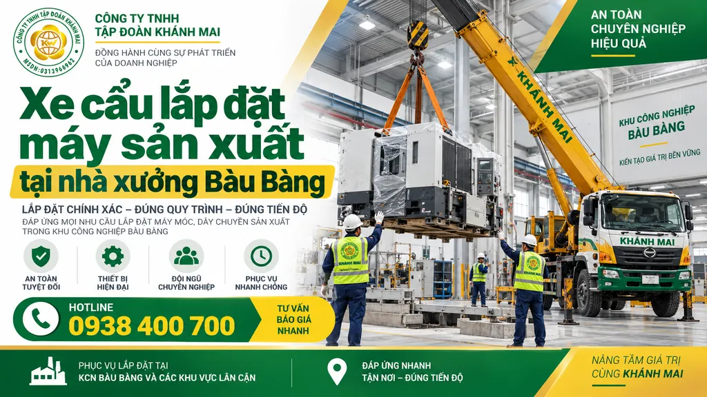 Xe cẩu lắp đặt máy sản xuất tại nhà xưởng Bàu Bàng
