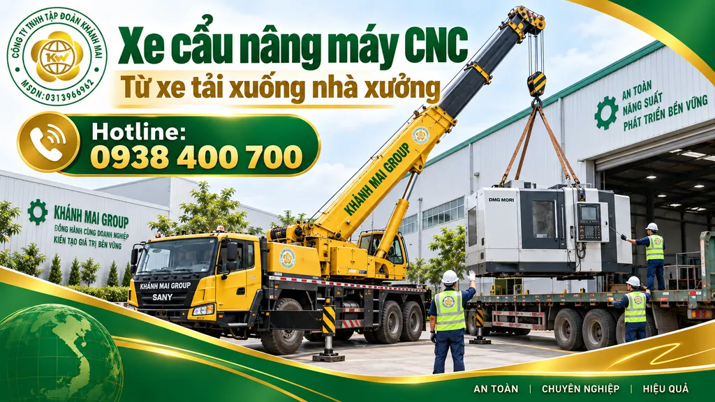 Xe cẩu nâng máy CNC từ xe tải xuống khu vực nhà xưởng