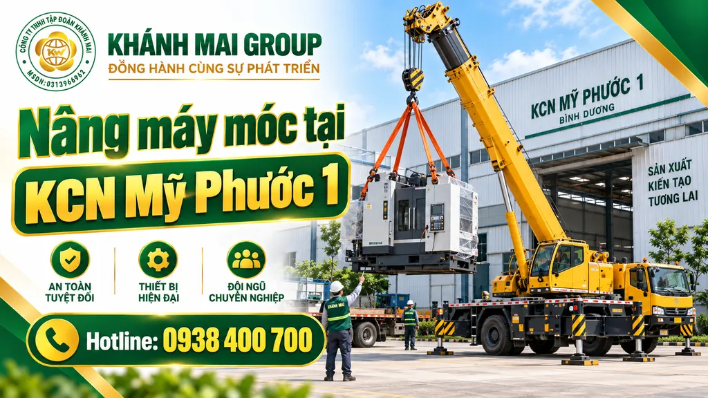 Xe cẩu nâng máy móc tại nhà máy KCN Mỹ Phước 1