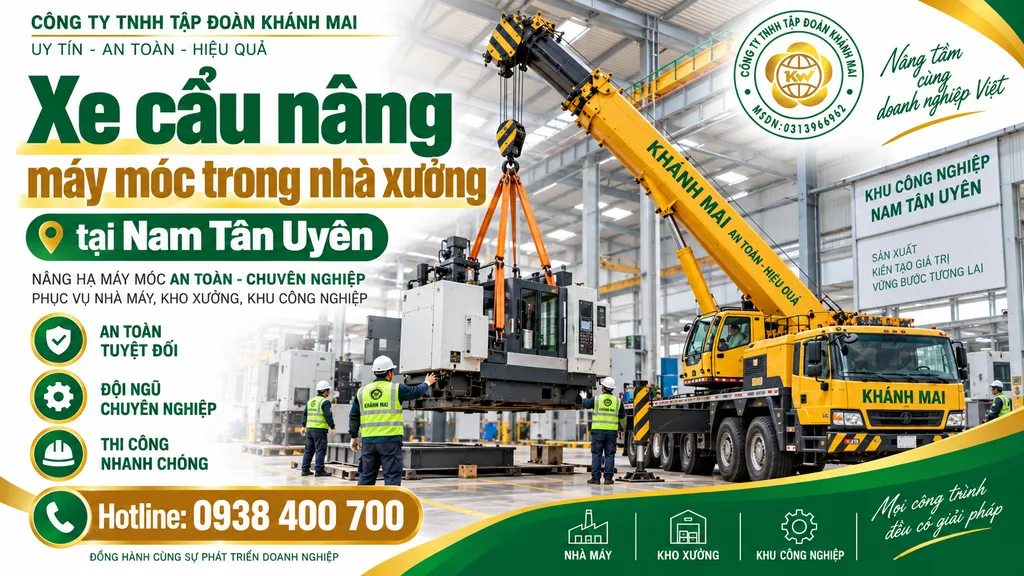 Xe cẩu nâng máy móc trong nhà xưởng tại Nam Tân Uyên