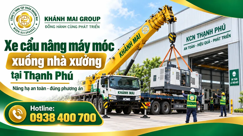 Xe cẩu nâng máy móc xuống nhà xưởng tại Thạnh Phú