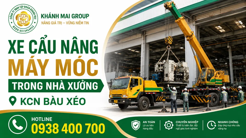 Xe cẩu nâng máy móc trong nhà xưởng Bàu Xéo