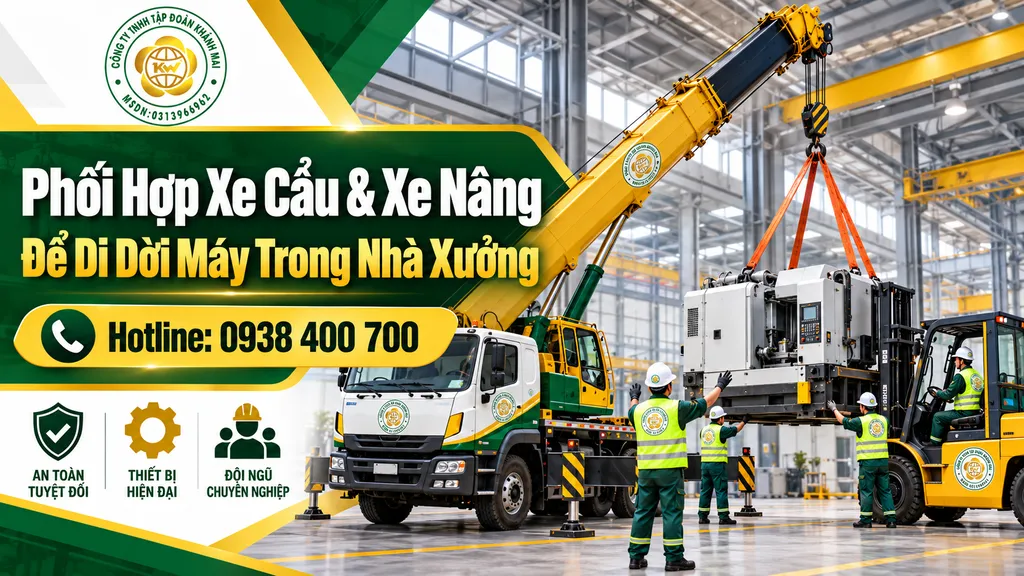 Xe cẩu phối hợp xe nâng để di dời máy trong nhà xưởng