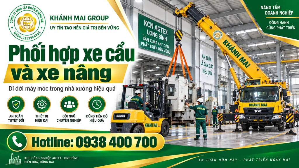 Xe cẩu phối hợp xe nâng di dời máy móc trong nhà xưởng
