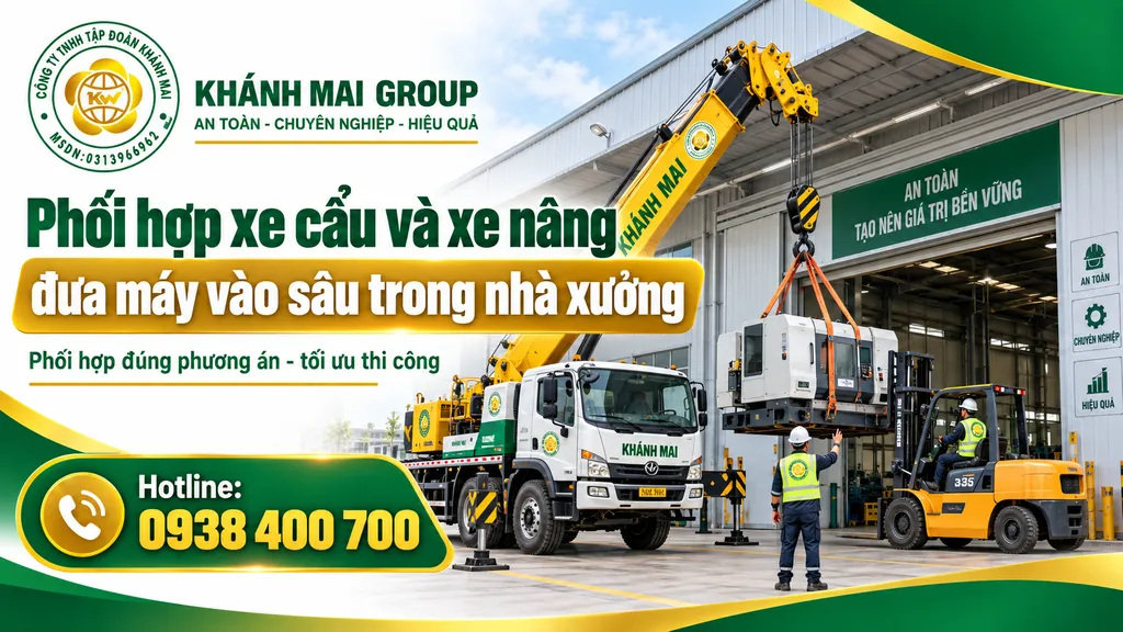 Phối hợp xe cẩu và xe nâng đưa máy vào sâu trong nhà xưởng