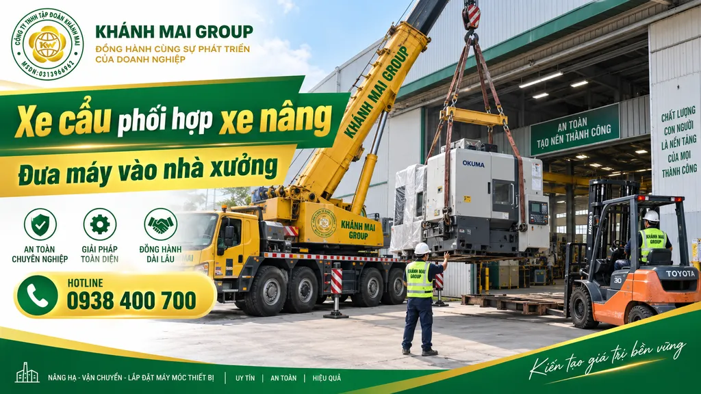 Xe cẩu phối hợp xe nâng khi đưa máy vào nhà xưởng