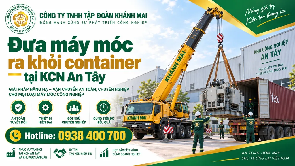 Xe cẩu hỗ trợ đưa máy móc ra khỏi container tại KCN An Tây