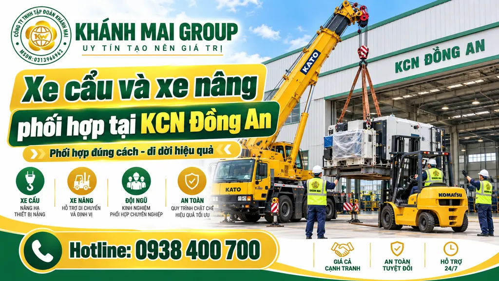 Xe cẩu và xe nâng phối hợp tại KCN Đồng An
