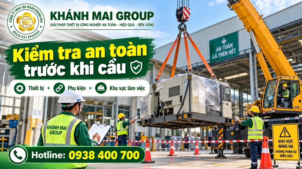 Kiểm tra phụ kiện móc cẩu, chân chống và vùng an toàn trước khi nâng máy móc