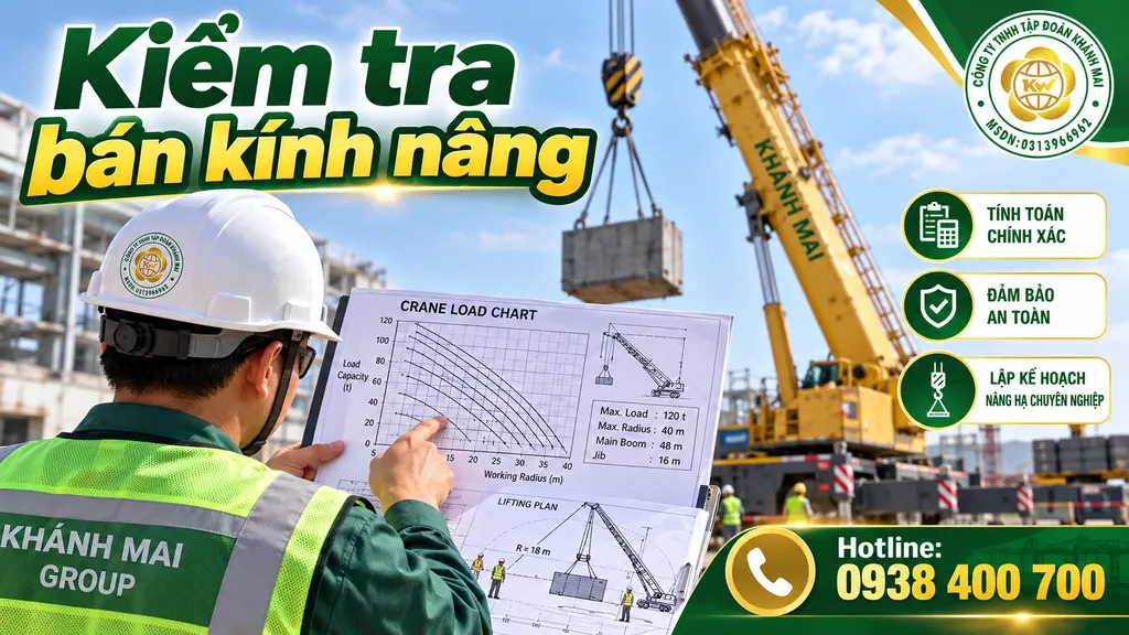 Minh họa kỹ thuật viên kiểm tra bán kính nâng và sơ đồ tải trọng xe cẩu