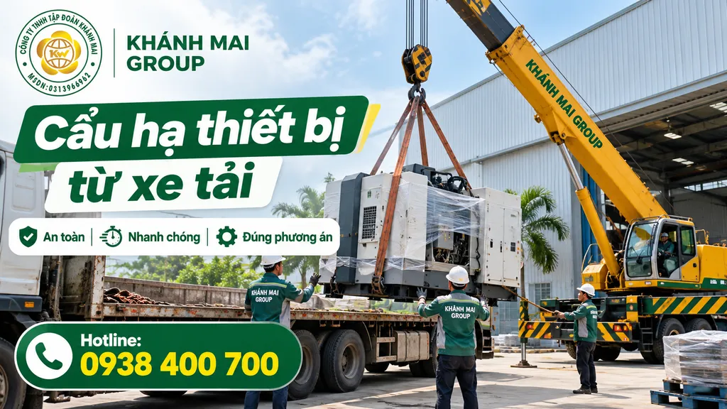 Cẩu hạ máy móc từ xe tải xuống sân nhà xưởng với vị trí tập kết an toàn