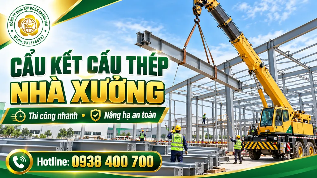 Xe cẩu nâng lắp dầm và cấu kiện thép khi xây dựng nhà xưởng