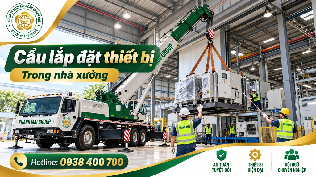 Xe cẩu hỗ trợ lắp đặt thiết bị kỹ thuật trong nhà xưởng