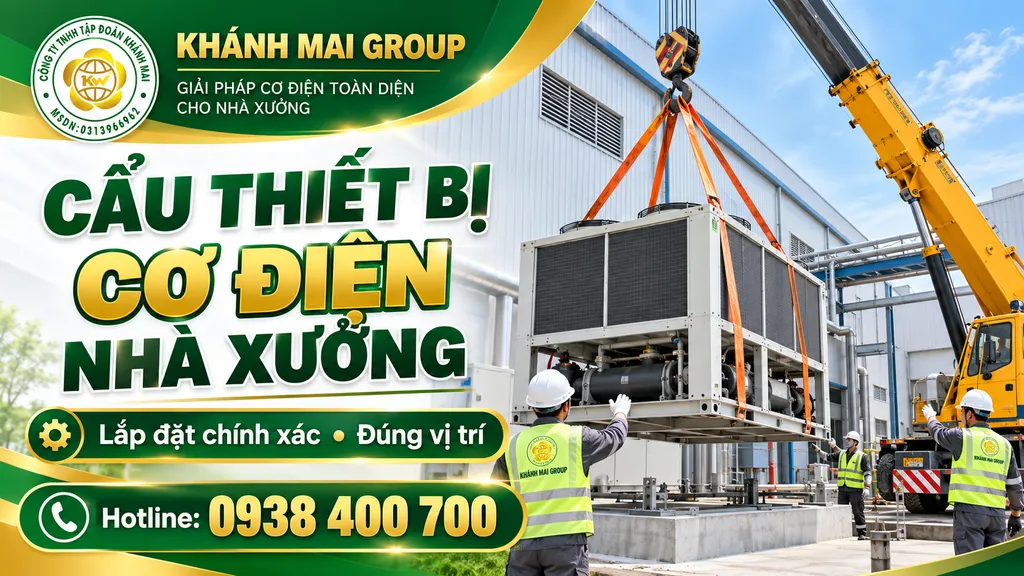 Xe cẩu đưa thiết bị chiller và cụm cơ điện đến vị trí lắp đặt nhà xưởng