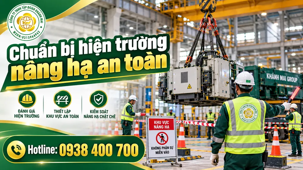 Minh họa chuẩn bị hiện trường và kiểm soát an toàn khi nâng hạ máy móc nhà xưởng